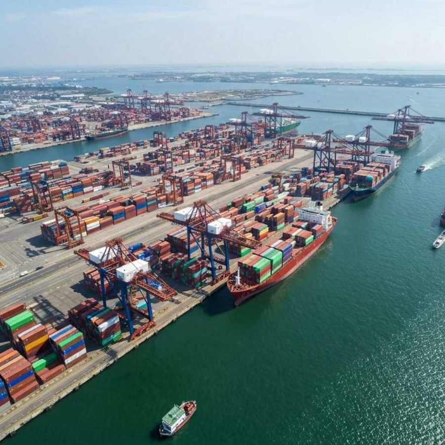 Aerial view of a container port at dusk